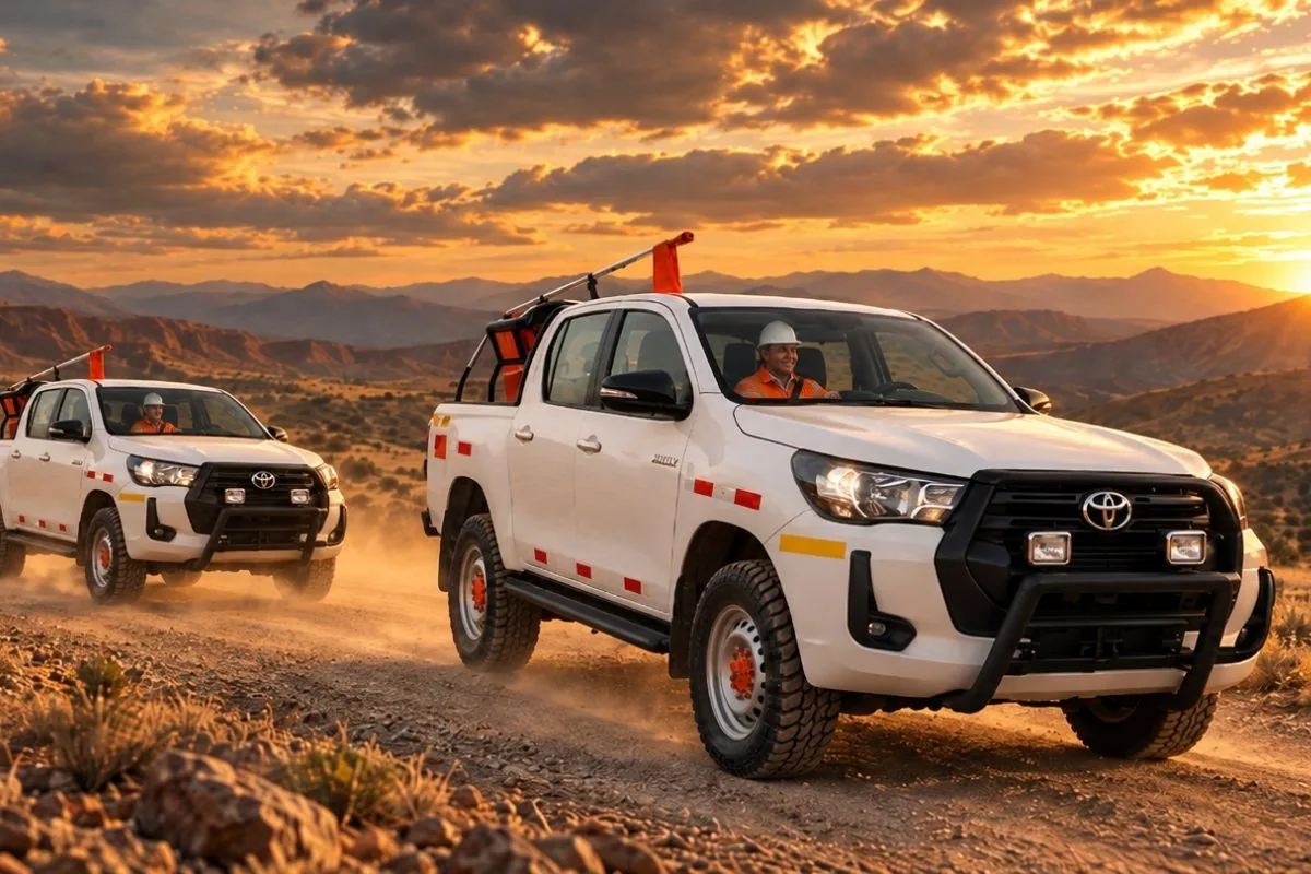 Dos pickups Toyota Hilux de Quasar avanzando por un camino de tierra al atardecer
